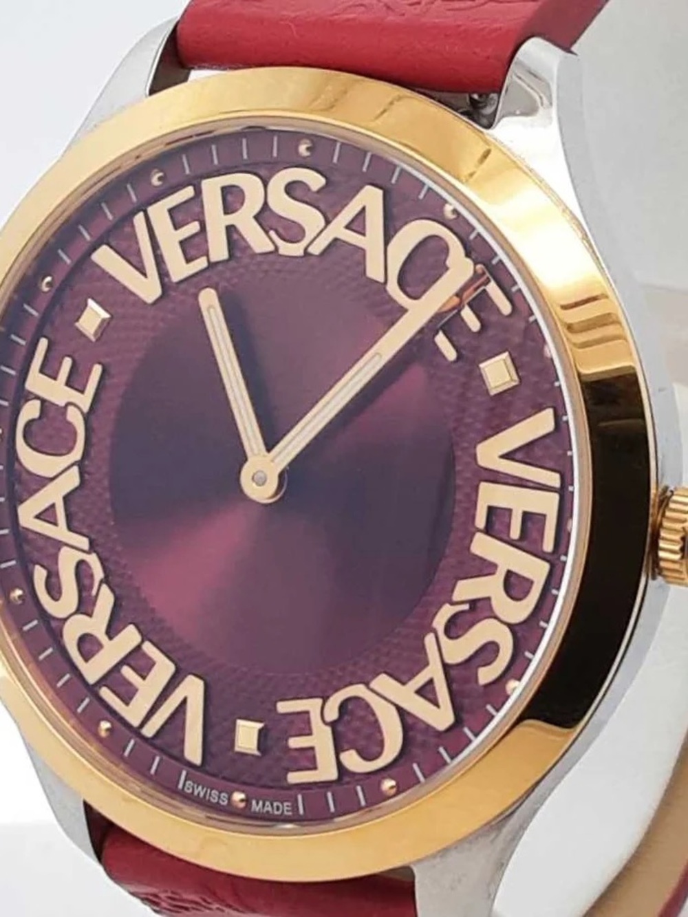 38 mm Versace Men's Purple Dial Watch with Gold Accents and Red Strap